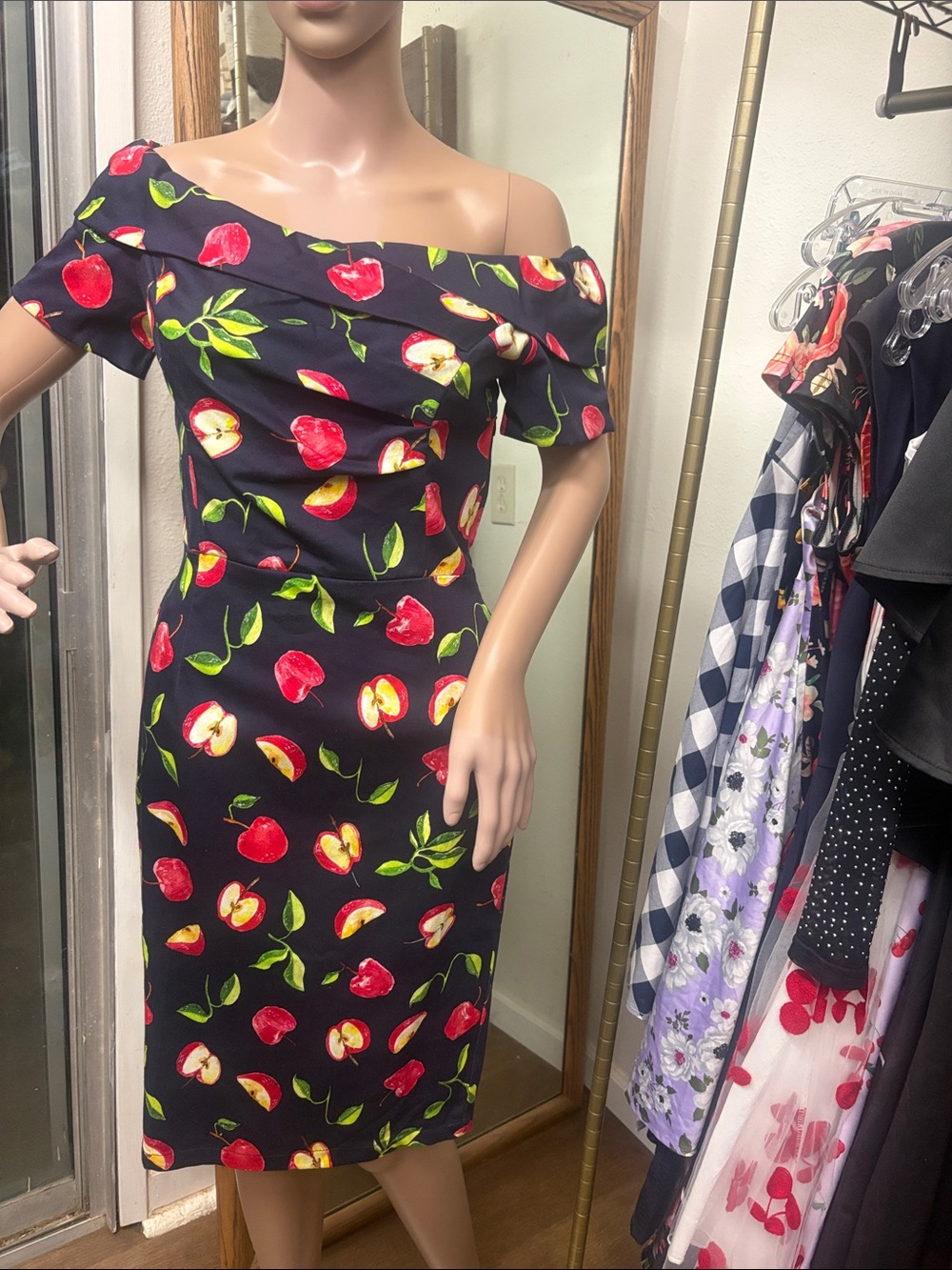 Off-Shoulder Black Dress with Red Apple Print